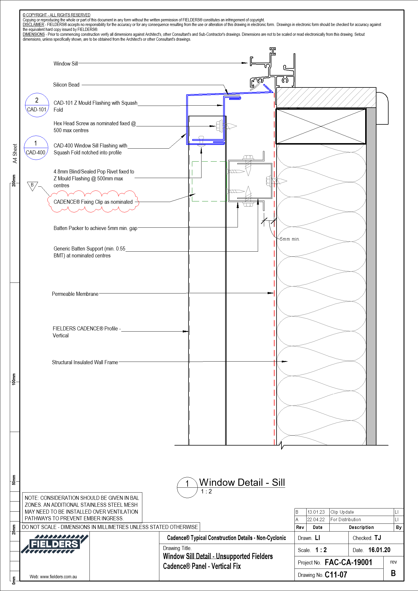  Image of C11-07 - Window Sill Detail - Unsupported Fielders Cadence® Panel - Vertical Fix
