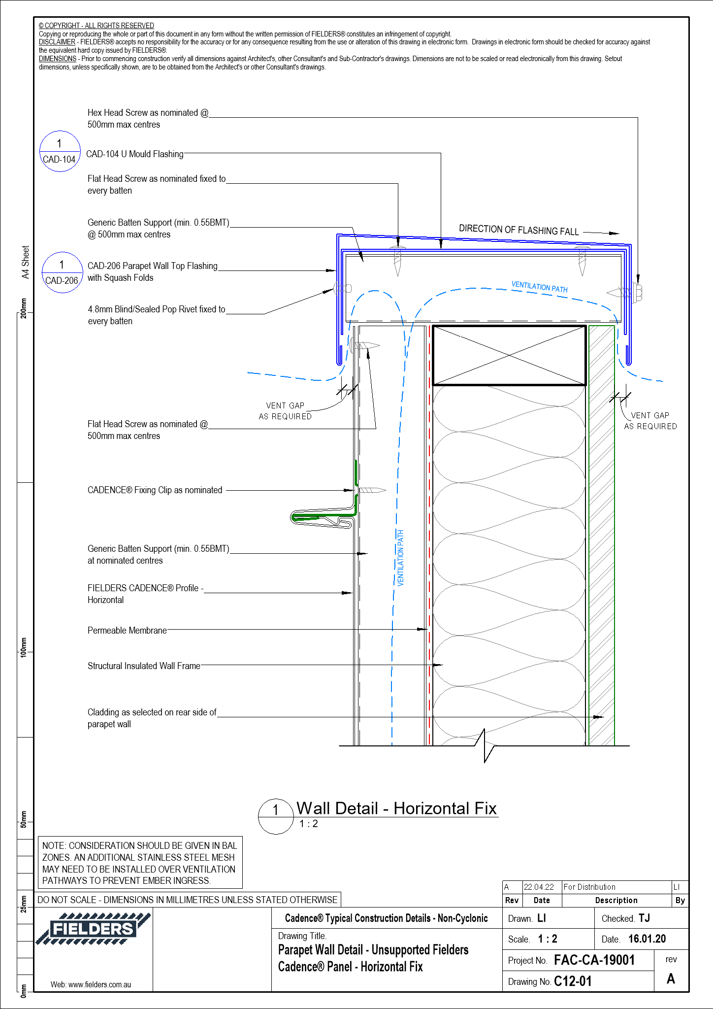Navigate to C12-01 - Parapet Wall Detail - Unsupported Fielders Cadence® Panel - Horizontal Fix