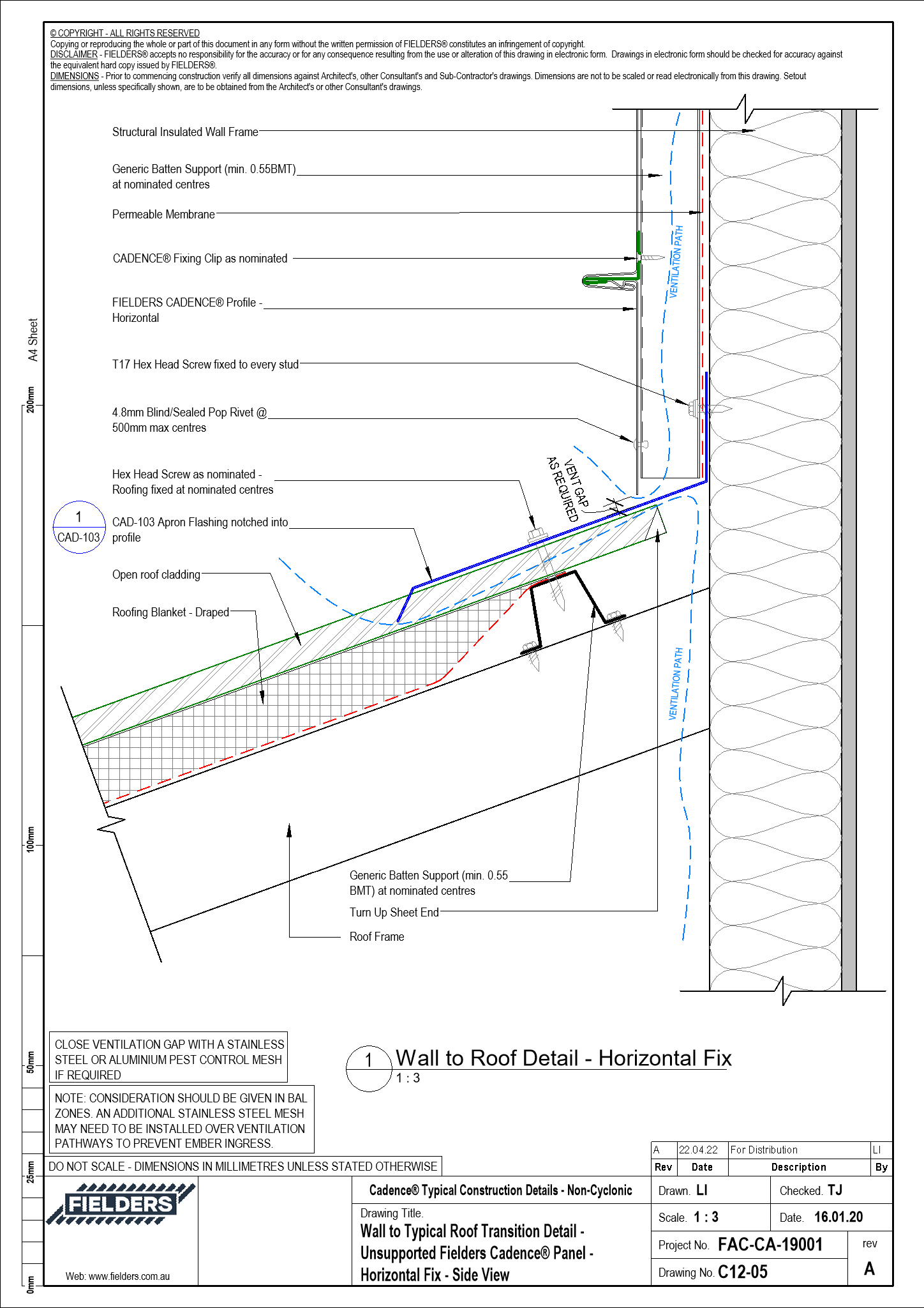  Image of C12-05 - Wall to Typical Roof Transition Detail - Unsupported Fielders Cadence® Panel - Horizontal Fix - Side View