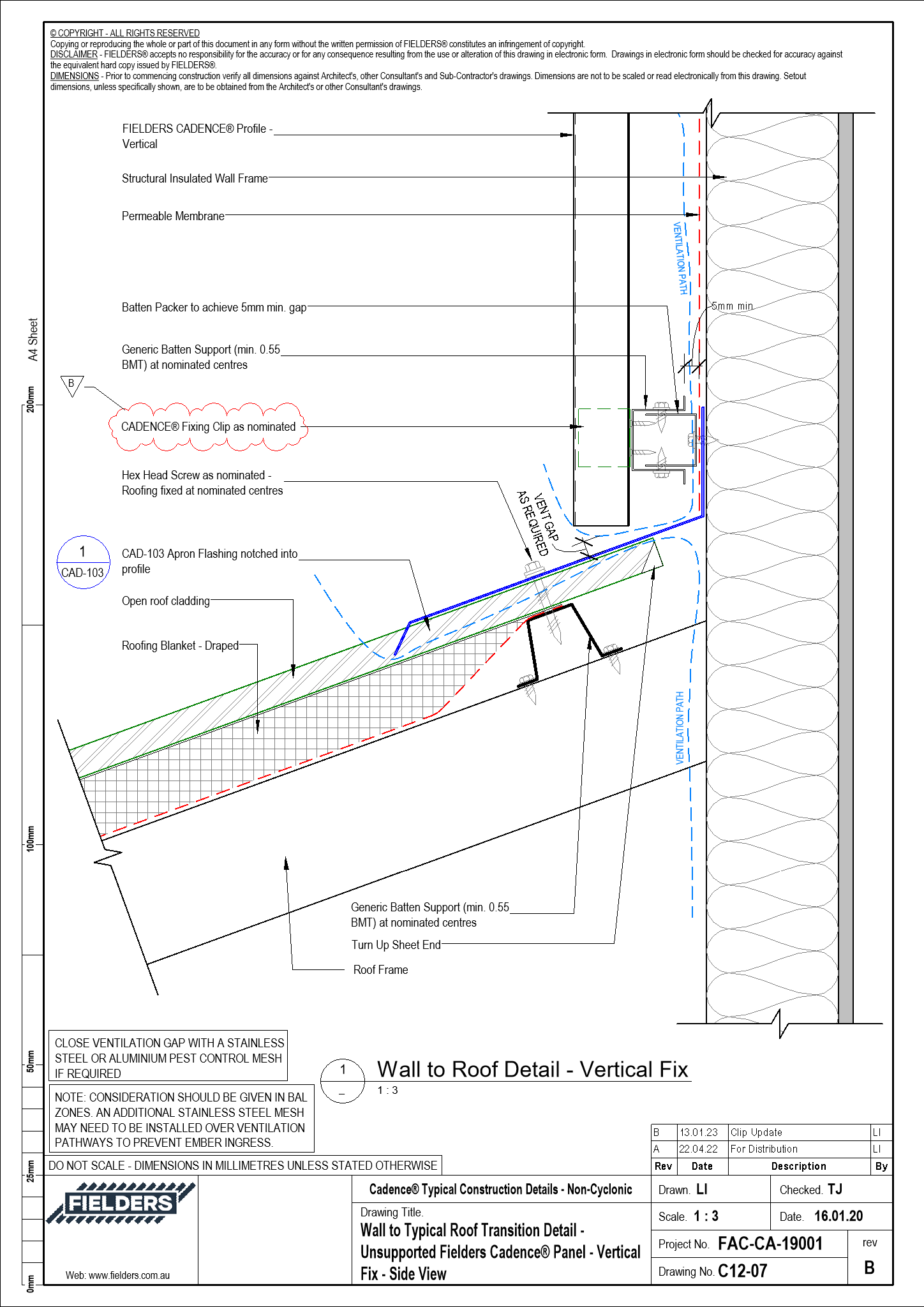 Navigate to C12-07 - Wall to Typical Roof Transition Detail - Unsupported Fielders Cadence® Panel - Vertical Fix - Side View