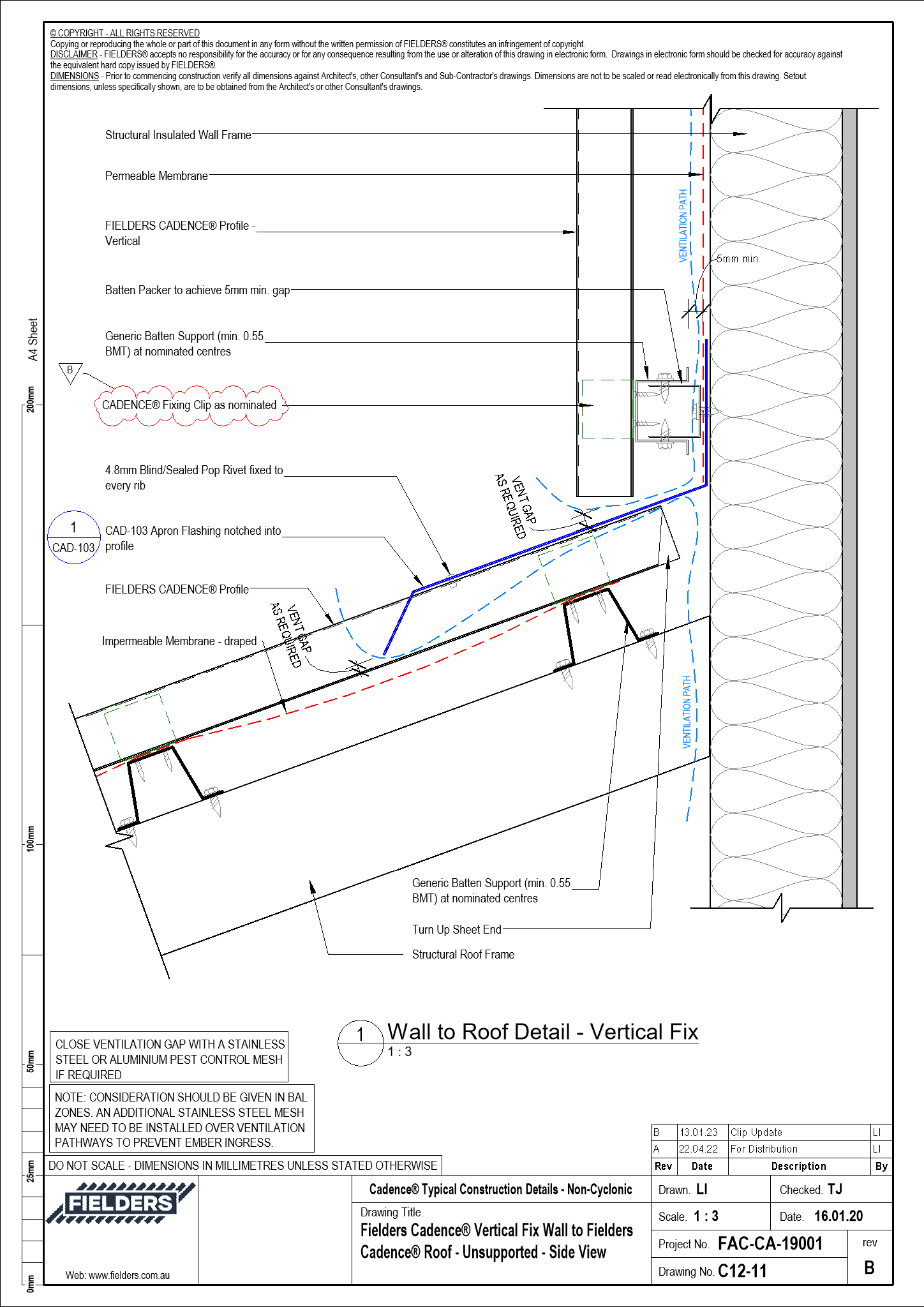 Navigate to C12-11 - Fielders Cadence® Vertical Fix Wall to Fielders Cadence® Roof - Unsupported - Side View