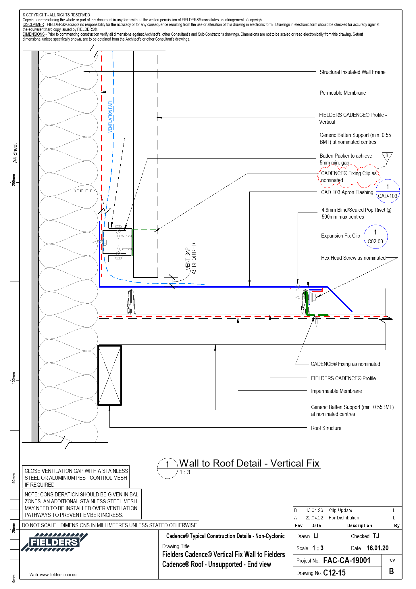 Navigate to C12-15 - Fielders Cadence® Vertical Fix Wall to Fielders Cadence® Roof - Unsupported - End view