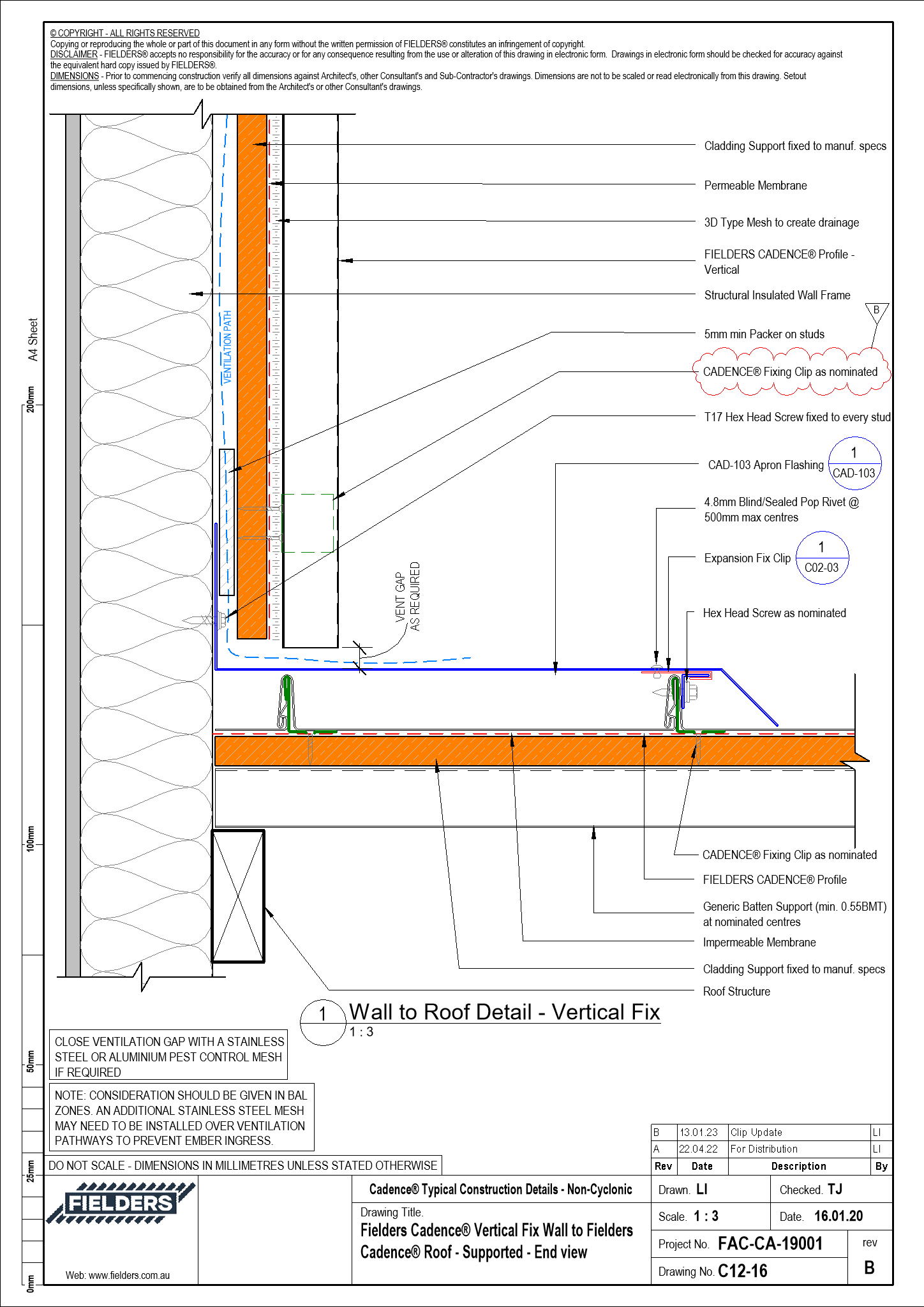 Navigate to C12-16 - Fielders Cadence® Vertical Fix Wall to Fielders Cadence® Roof - Supported - End view