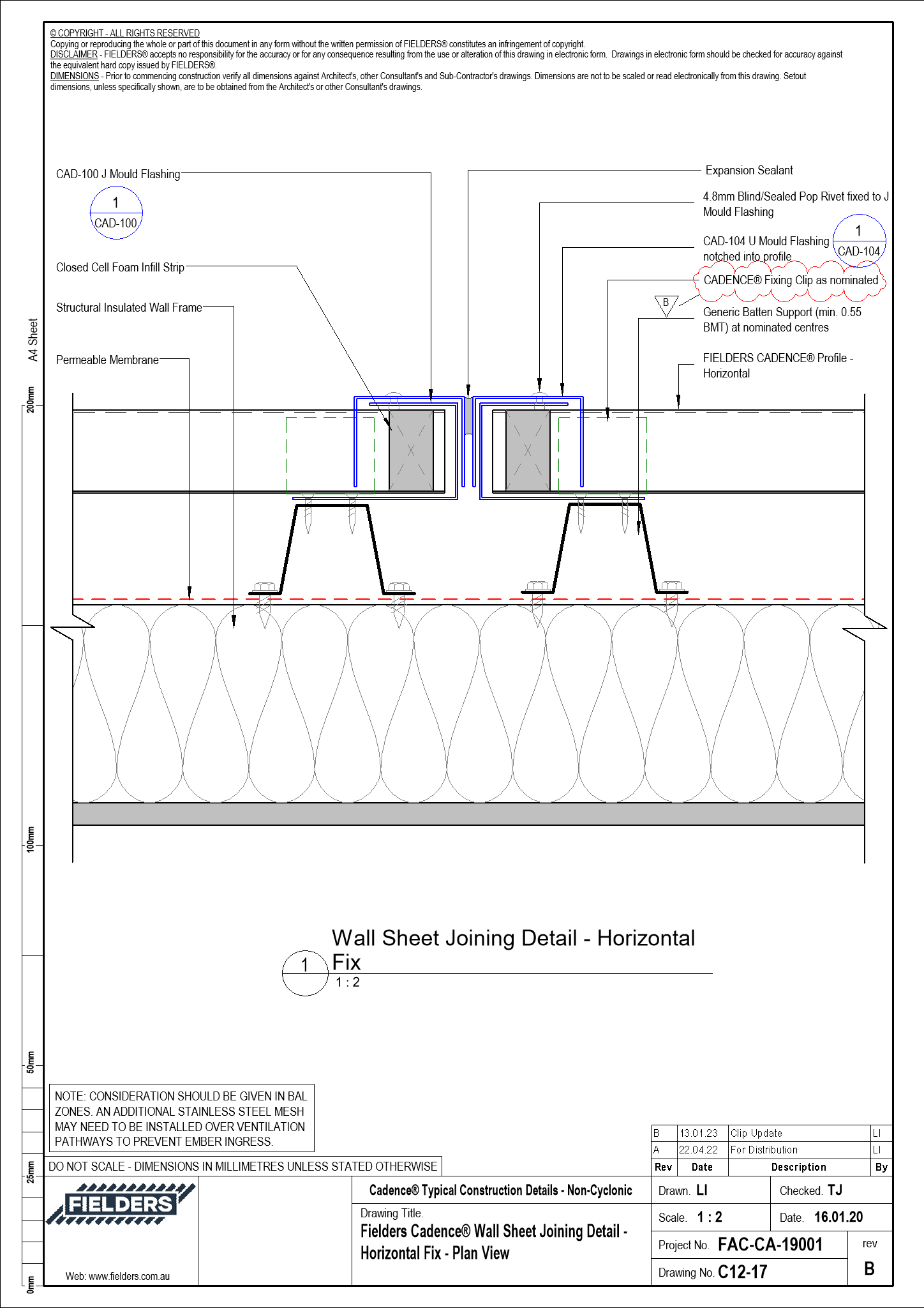 Navigate to C12-17 - Fielders Cadence® Wall Sheet Joining Detail - Horizontal Fix - Plan View