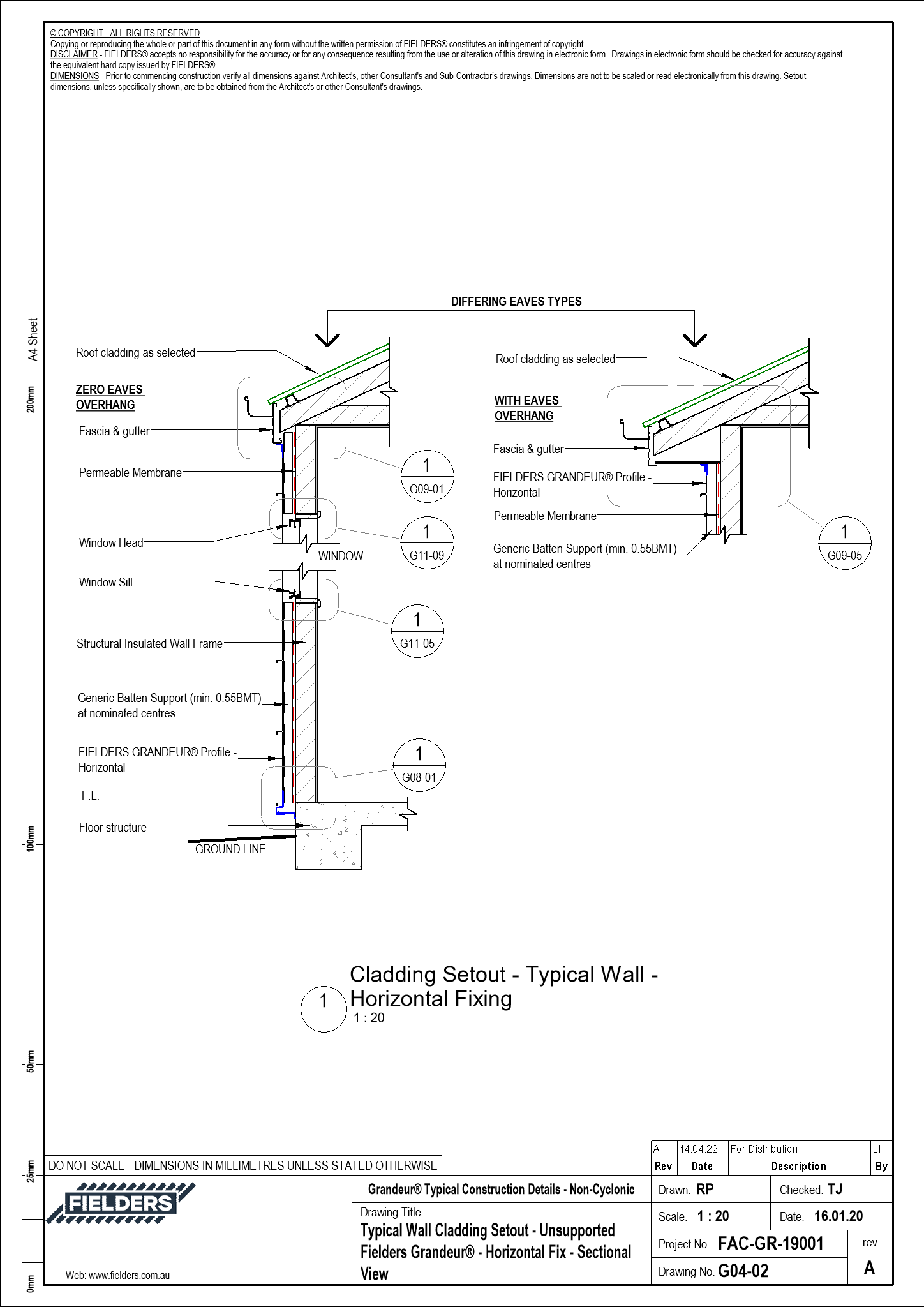 Navigate to G04-02 - Typical Wall Cladding Setout - Unsupported Fielders Grandeur® - Horizontal Fix - Sectional View