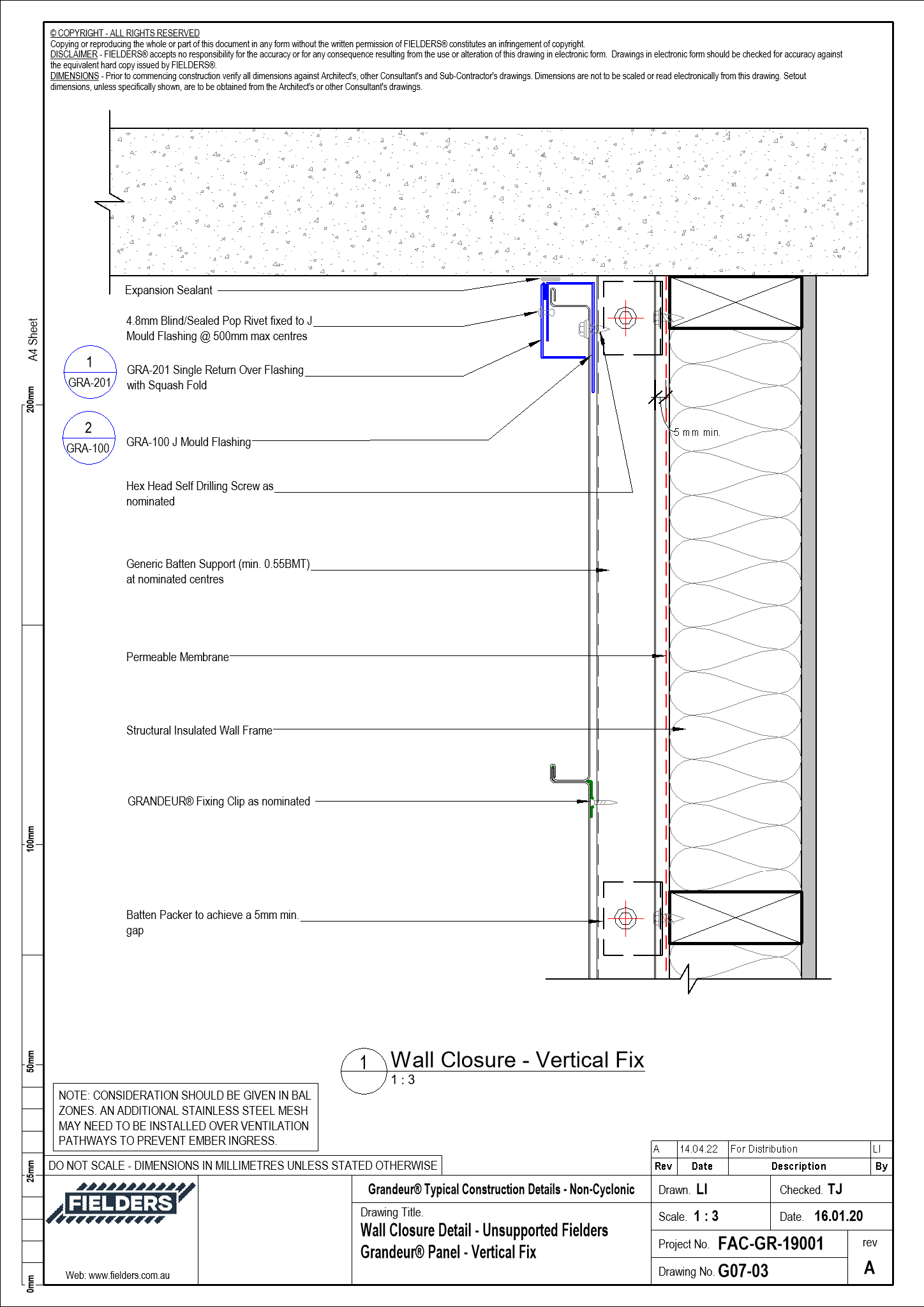Navigate to G07-03 - Wall Closure Detail - Unsupported Fielders Grandeur® Panel - Vertical Fix