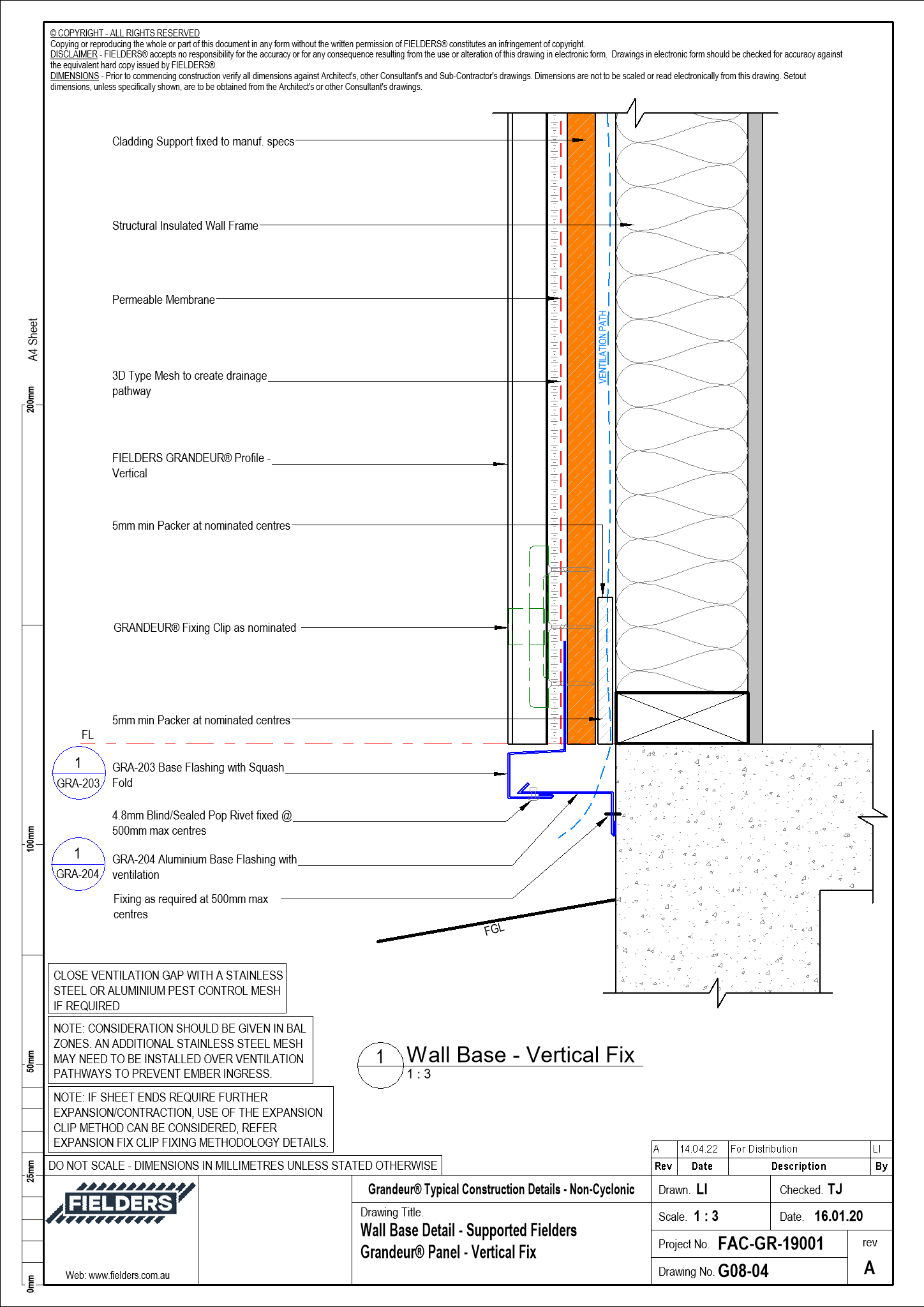 Navigate to G08-04 - Wall Base Detail - Supported Fielders Grandeur® Panel - Vertical Fix