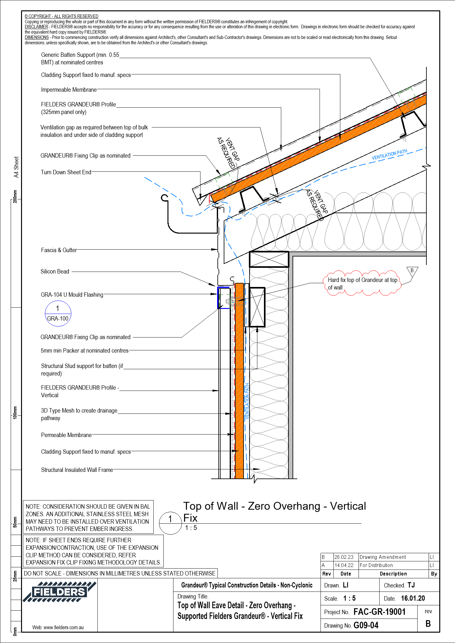  Image of G09-04 - Top of Wall Eave Detail - Zero Overhang - Supported Fielders Grandeur® - Vertical Fix