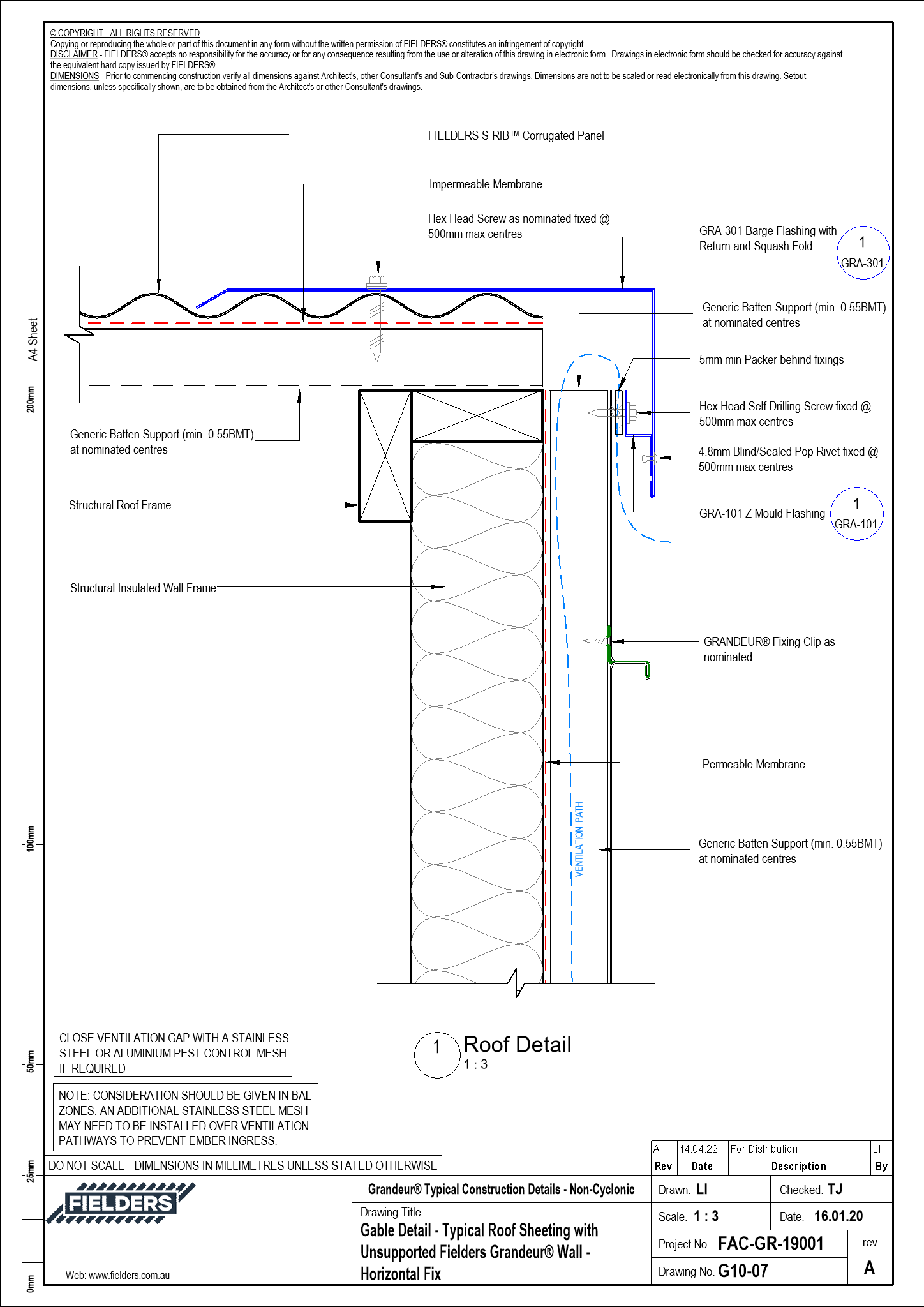 Navigate to G10-07 - Gable Detail - Typical Roof Sheeting with Unsupported Fielders Grandeur® Wall - Horizontal Fix