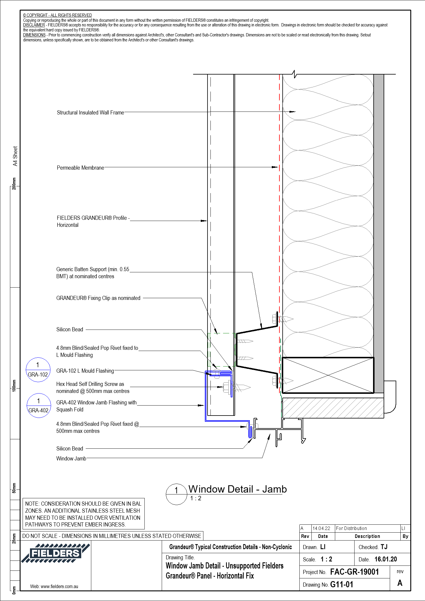  Image of G11-01 - Window Jamb Detail - Unsupported Fielders Grandeur® Panel - Horizontal Fix
