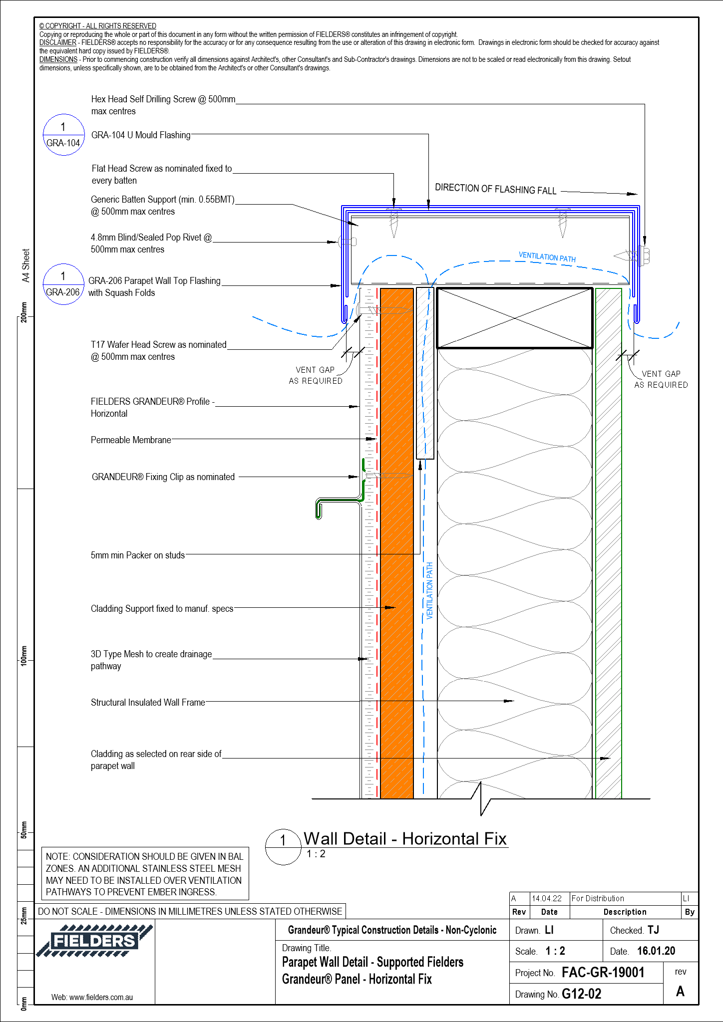  Image of G12-02 - Parapet Wall Detail - Supported Fielders Grandeur® Panel - Horizontal Fix