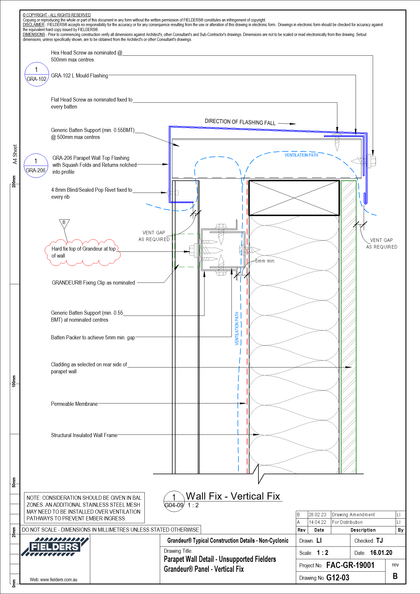  Image of G12-03 - Parapet Wall Detail - Unsupported Fielders Grandeur® Panel - Vertical Fix