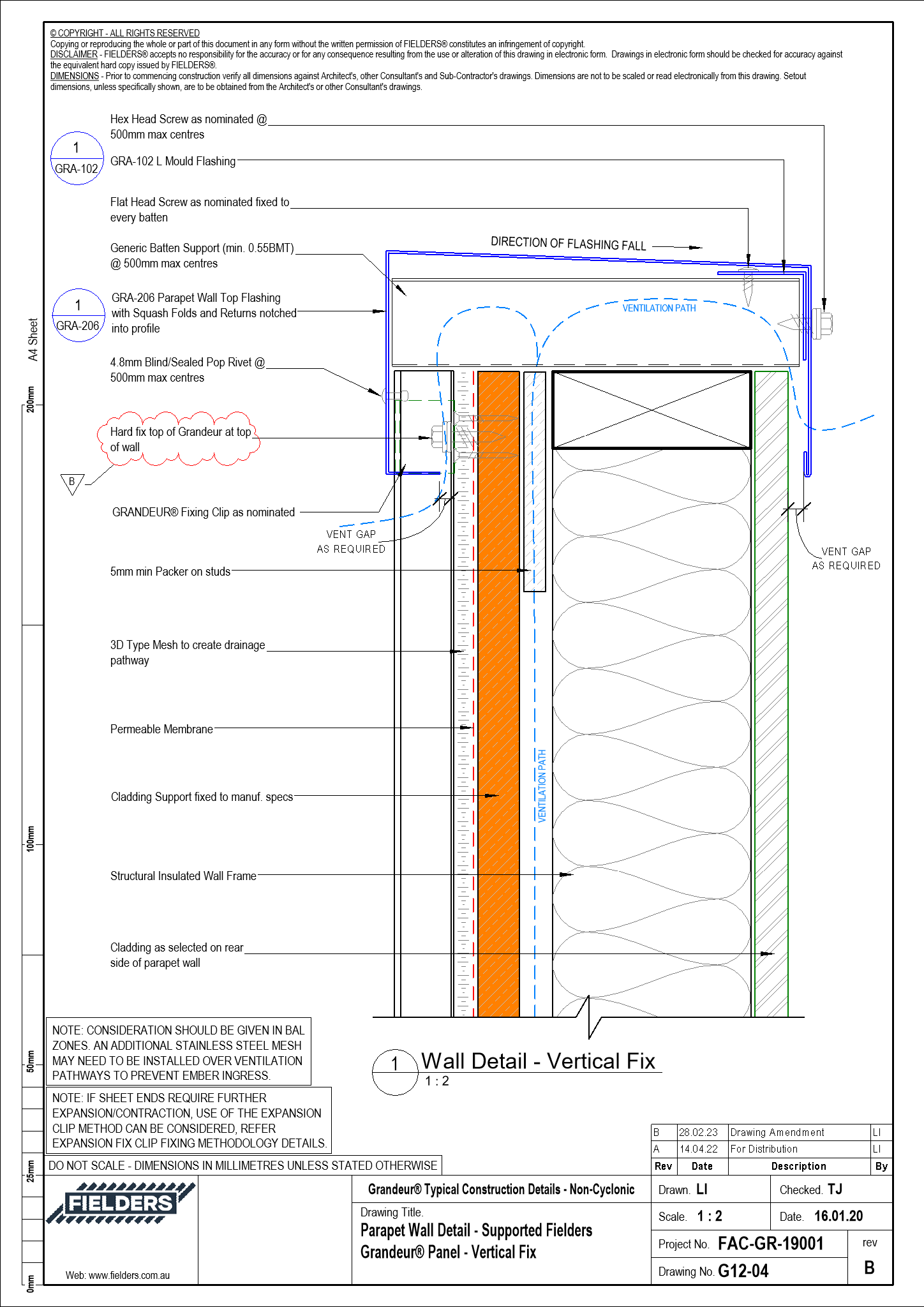 Navigate to G12-04 - Parapet Wall Detail - Supported Fielders Grandeur® Panel - Vertical Fix