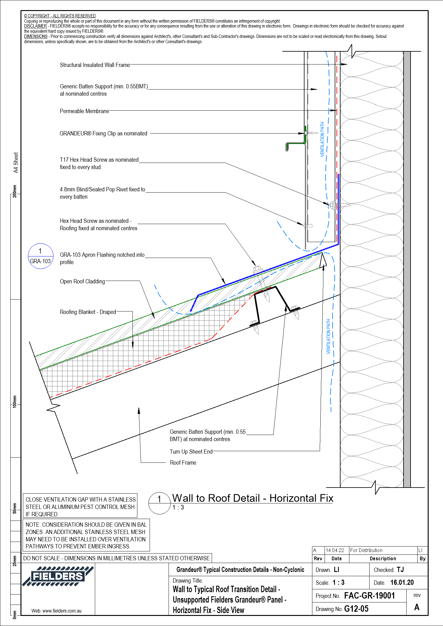 Navigate to G12-05 - Wall to Typical Roof Transition Detail - Unsupported Fielders Grandeur® Panel - Horizontal Fix - Side View