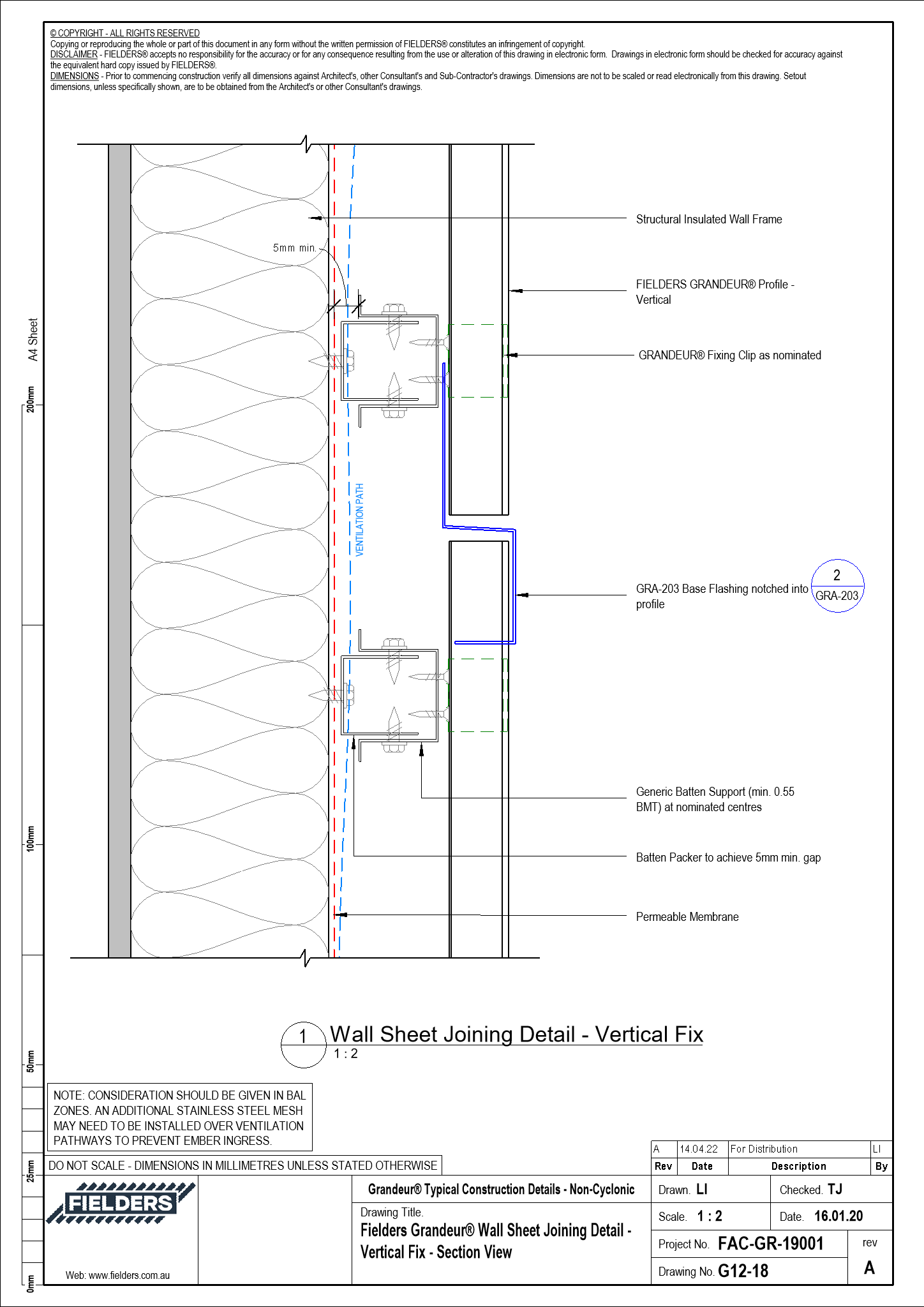 Navigate to G12-18 - Fielders Grandeur® Wall Sheet Joining Detail - Vertical Fix - Section View